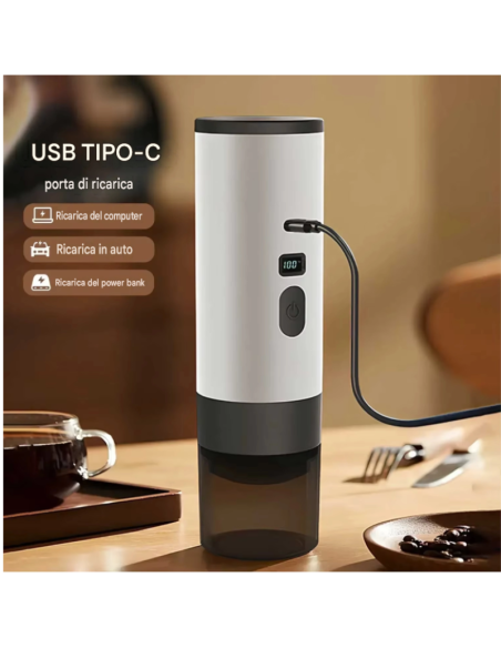 Macchina Caffè Portatile Elettrica 3 in 1 USB-C Capsule e Macinato