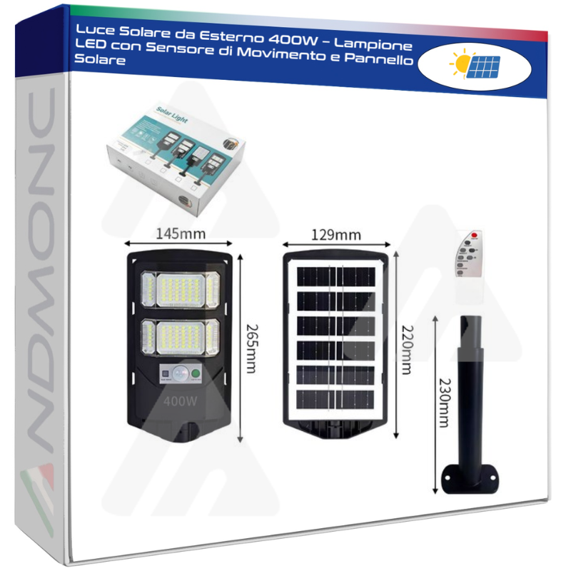 Luce Solare da Esterno 400W – Lampione LED con...