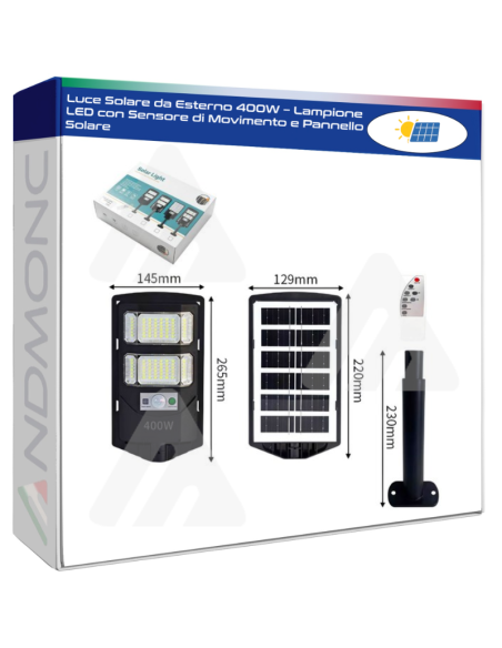Luce Solare da Esterno 400W – Lampione LED con Sensore di Movimento e Pannello Solare