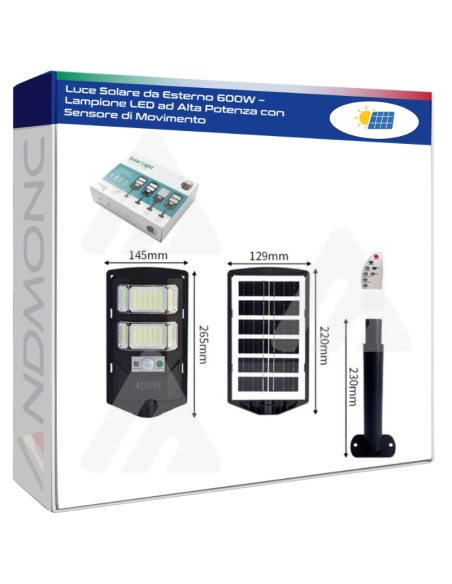 Luce Solare da Esterno 600W – Lampione LED ad Alta Potenza con Sensore di Movimento