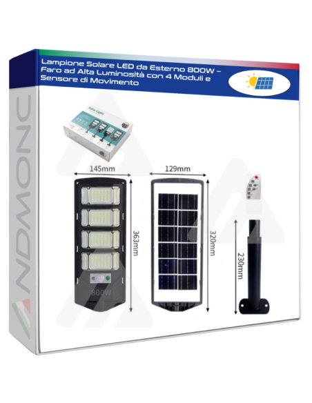 Lampione Solare LED da Esterno 800W – Faro ad Alta Luminosità con 4 Moduli e Sensore di Movimento