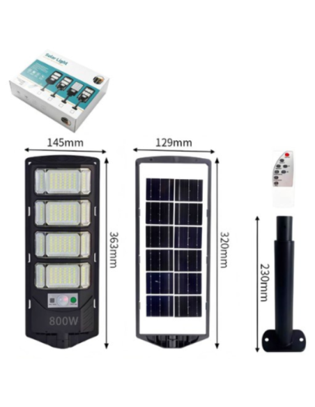 Lampione Solare LED da Esterno 800W – Faro ad Alta Luminosità con 4 Moduli e Sensore di Movimento