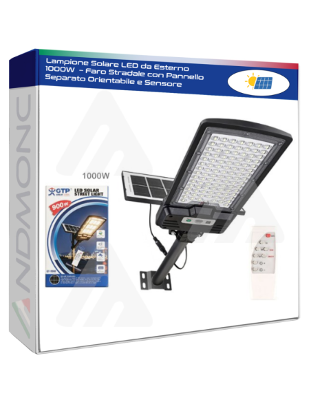 Lampione Solare LED da Esterno 1000W  – Faro Stradale con Pannello Separato Orientabile e Sensore