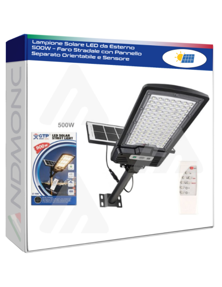 Lampione Solare LED da Esterno 500W – Faro Stradale con Pannello Separato Orientabile e Sensore