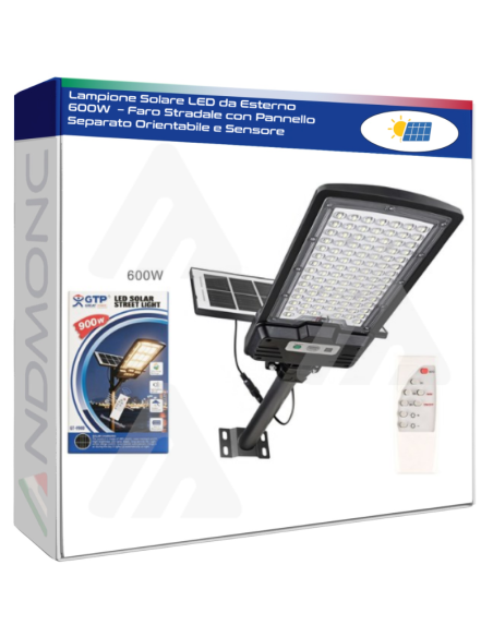 Lampione Solare LED da Esterno 600W  – Faro Stradale con Pannello Separato Orientabile e Sensore