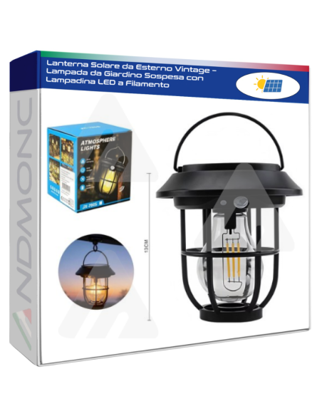 Lanterna Solare da Esterno Vintage – Lampada da Giardino Sospesa con Lampadina LED a Filamento