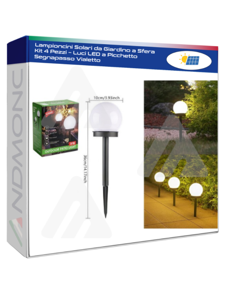 Lampioncini Solari da Giardino a Sfera  Kit 4 Pezzi – Luci LED a Picchetto Segnapasso Vialetto