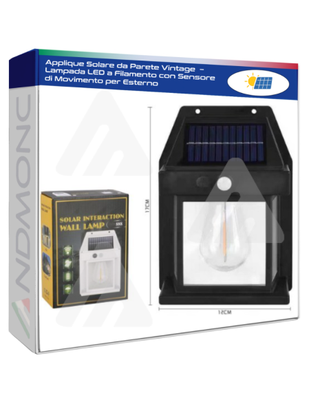 Applique Solare da Parete Vintage  – Lampada LED a Filamento con Sensore di Movimento per Esterno