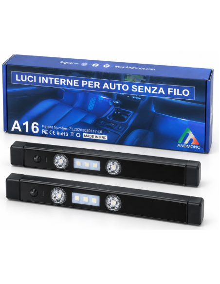 Luci LED RGB per interni auto senza fili, ricaricabili USB – Kit 2 pezzi Rover