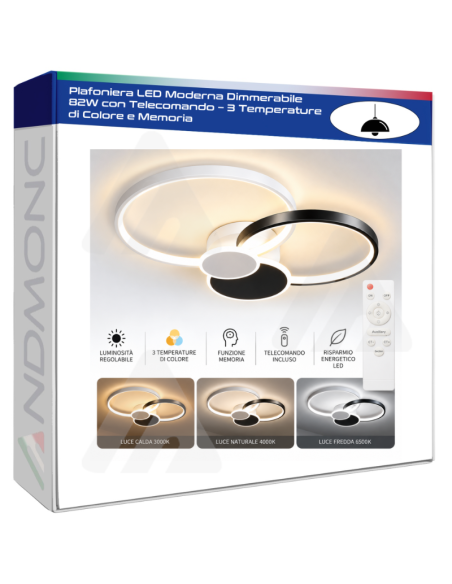 Plafoniera LED Moderna Dimmerabile 82W con Telecomando – 3 Temperature di Colore e Memoria