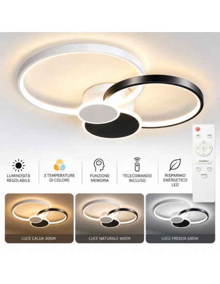 Plafoniera LED Moderna Dimmerabile 82W con Telecomando – 3 Temperature di Colore e Memoria
