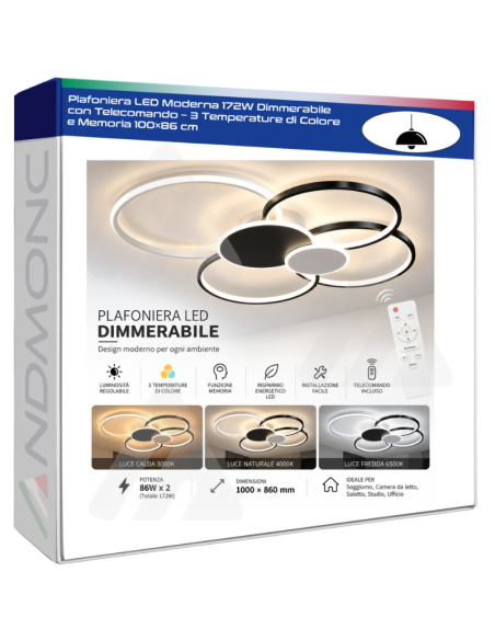 Plafoniera LED Moderna 172W Dimmerabile con Telecomando – 3 Temperature di Colore e Memoria 100×86 cm