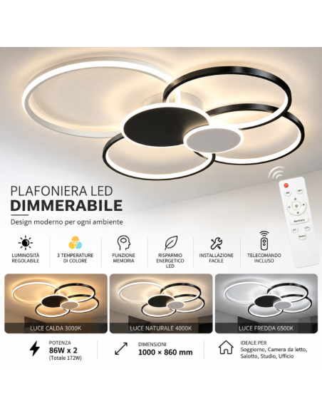 Plafoniera LED Moderna 172W Dimmerabile con Telecomando – 3 Temperature di Colore e Memoria 100×86 cm