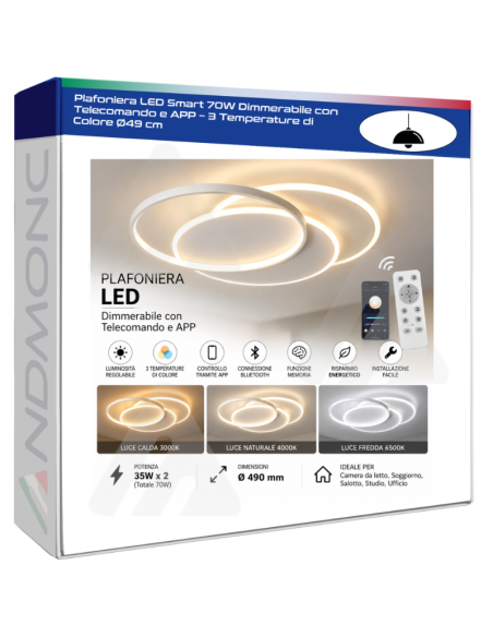 Plafoniera LED Smart 70W Dimmerabile con Telecomando e APP – 3 Temperature di Colore Ø49 cm