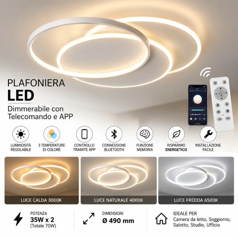 Plafoniera LED Smart 70W Dimmerabile con...