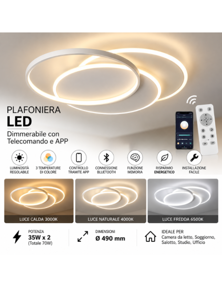 Plafoniera LED Smart 70W Dimmerabile con Telecomando e APP – 3 Temperature di Colore Ø49 cm