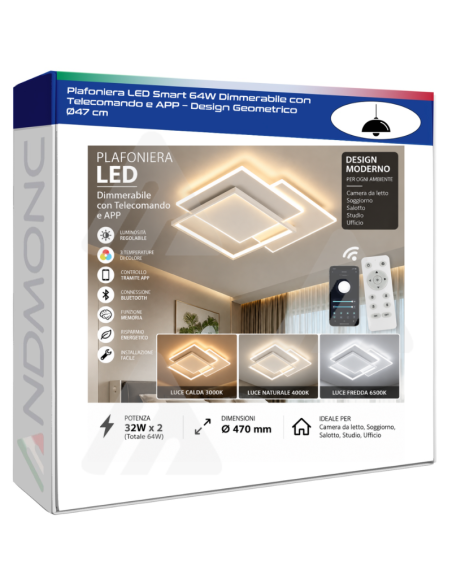 Plafoniera LED Smart 64W Dimmerabile con Telecomando e APP – Design Geometrico Ø47 cm