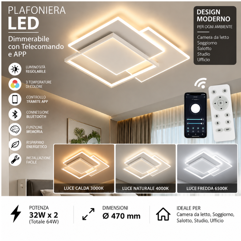 Plafoniera LED Smart 64W Dimmerabile con...