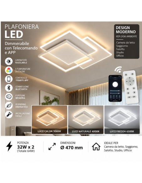 Plafoniera LED Smart 64W Dimmerabile con Telecomando e APP – Design Geometrico Ø47 cm
