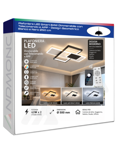Plafoniera LED Smart 84W Dimmerabile con Telecomando e APP – Design Geometrico Bianco e Nero Ø50 cm