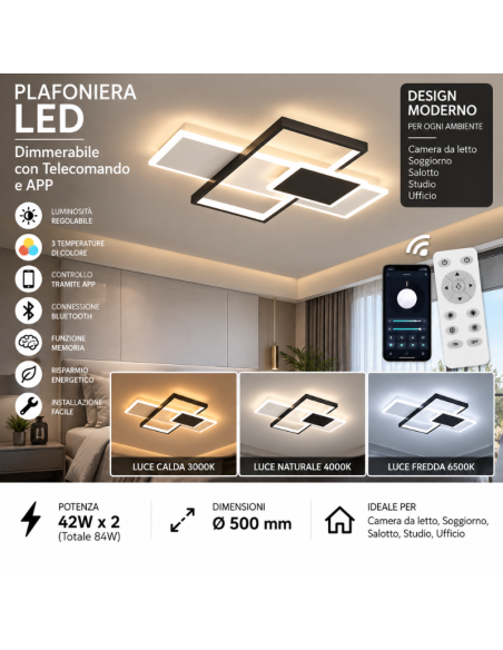 Plafoniera LED Smart 84W Dimmerabile con Telecomando e APP – Design Geometrico Bianco e Nero Ø50 cm
