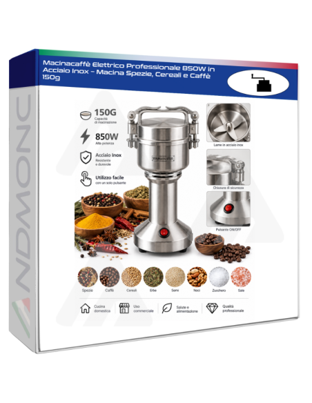 Macinacaffè Elettrico Professionale 850W in Acciaio Inox – Macina Spezie, Cereali e Caffè 150g