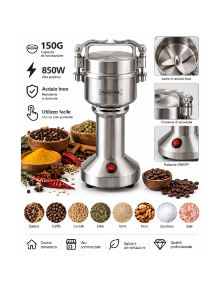 Macinacaffè Elettrico Professionale 850W in Acciaio Inox – Macina Spezie, Cereali e Caffè 150g