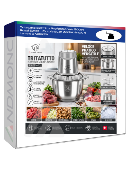 Tritatutto Elettrico Professionale 500W Royal Swiss – Ciotola 5L in Acciaio Inox, 4 Lame e 2 Velocità