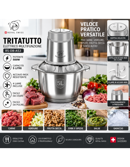 Tritatutto Elettrico Professionale 500W Royal Swiss – Ciotola 5L in Acciaio Inox, 4 Lame e 2 Velocità