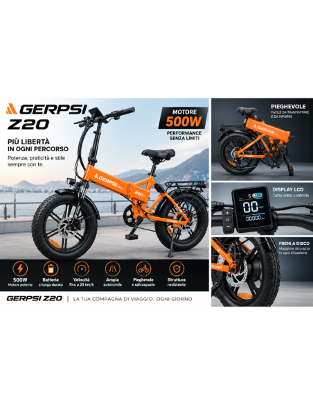 Bici Elettrica Pieghevole GERPSI Z20 Plus 500W – Fat Bike con Display LCD, Freni a Disco e Portapacchi