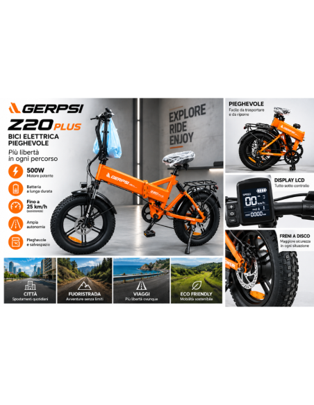 Bici Elettrica Pieghevole GERPSI Z20 Plus 500W – Fat Bike con Display LCD, Freni a Disco e Portapacchi