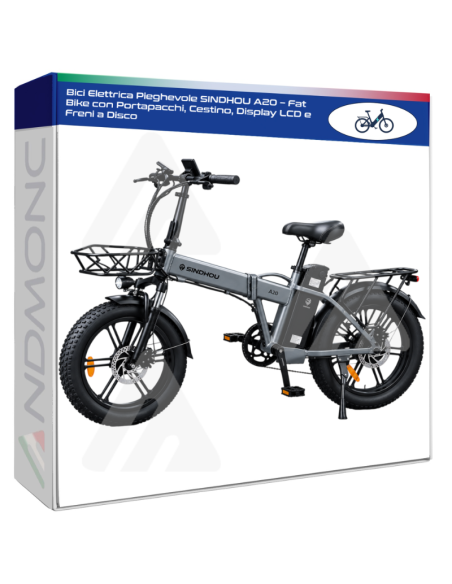 Bici Elettrica Pieghevole SINDHOU A20 500W – Fat Bike con Portapacchi, Cestino, Display LCD e Freni a Disco
