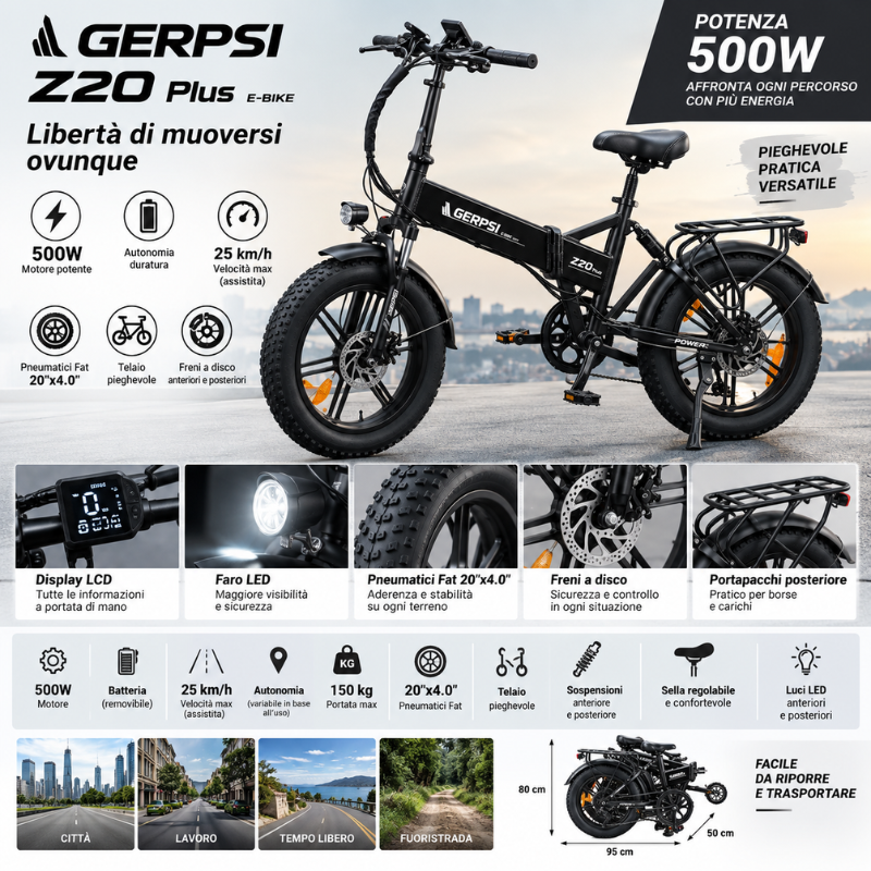 Bici Elettrica Pieghevole GERPSI Z20 Plus 500W...