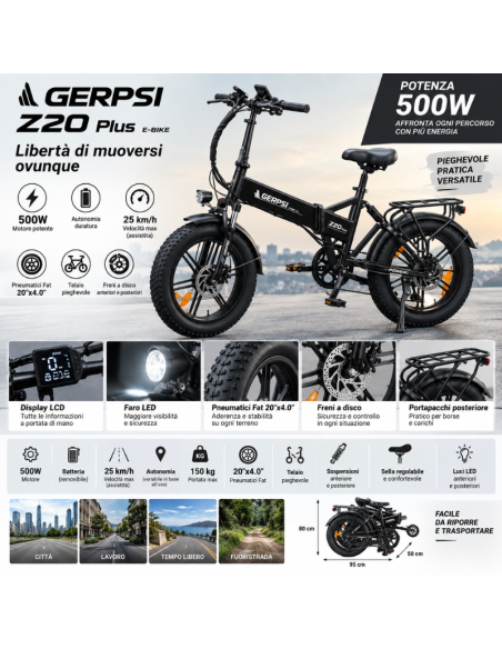 Bici Elettrica Pieghevole GERPSI Z20 Plus 500W – Fat Bike 20", Display LCD, Freni a Disco e Portapacchi
