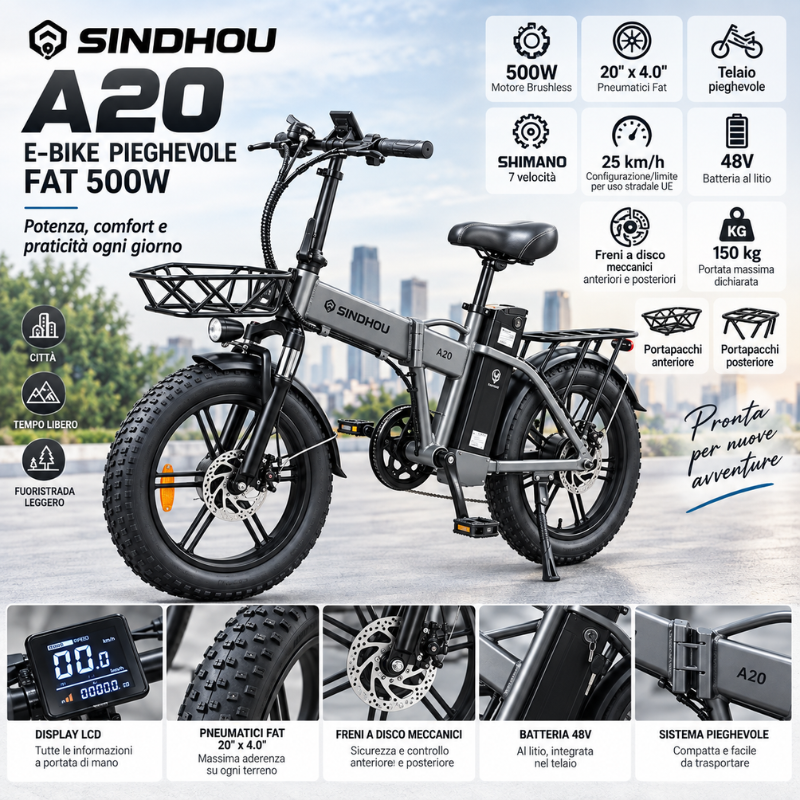 Bici Elettrica Pieghevole SINDHOU A20 500W –...