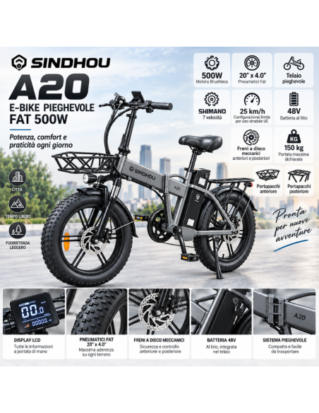 Bici Elettrica Pieghevole SINDHOU A20 500W – Fat Bike con Portapacchi, Cestino, Display LCD e Freni a Disco