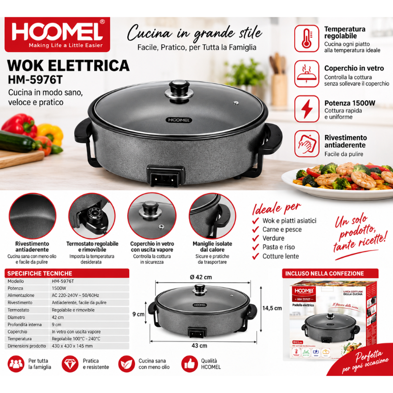 Wok Elettrica HCOMEI HM-5976T 1500W – Padella...