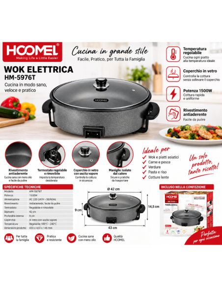 Wok Elettrica HCOMEI HM-5976T 1500W – Padella Multifunzione Ø44 cm con Coperchio in Vetro e Temperatura Regolabile