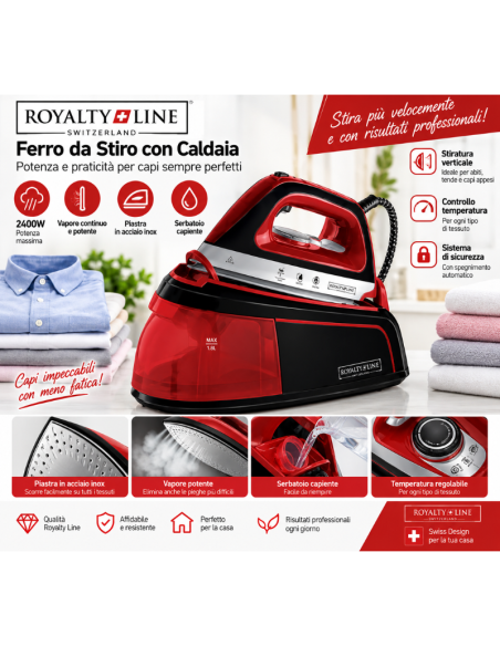 Ferro da Stiro con Caldaia Royalty Line 2400W – Stazione a Vapore con Serbatoio 1,8L e Piastra in Acciaio Inox