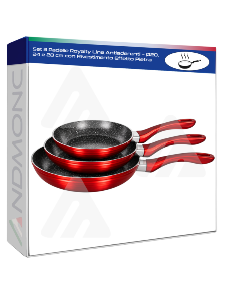 Set 3 Padelle Royalty Line Antiaderenti – Ø20, 24 e 28 cm con Rivestimento Effetto Pietra