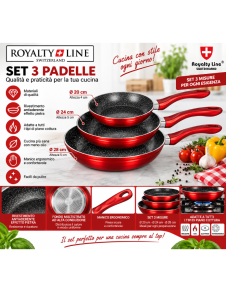Set 3 Padelle Royalty Line Antiaderenti – Ø20, 24 e 28 cm con Rivestimento Effetto Pietra
