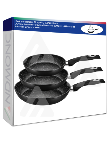 Set 3 Padelle Royalty Line Nere Antiaderenti – Rivestimento Effetto Pietra e Manici Ergonomici