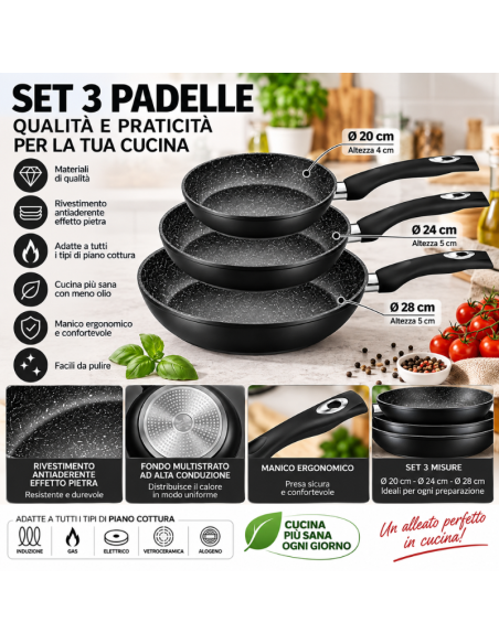 Set 3 Padelle Royalty Line Nere Antiaderenti – Rivestimento Effetto Pietra e Manici Ergonomici
