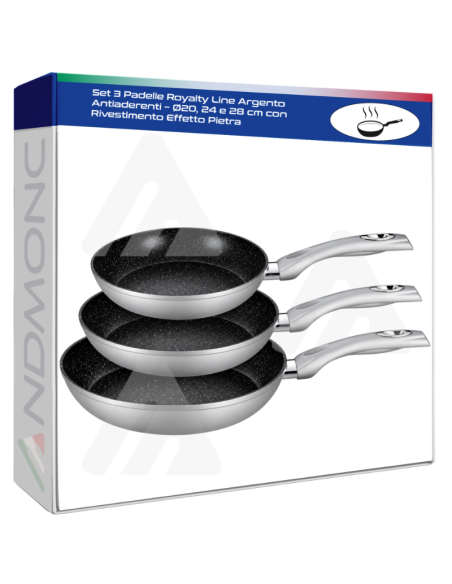 Set 3 Padelle Royalty Line Argento Antiaderenti – Ø20, 24 e 28 cm con Rivestimento Effetto Pietra