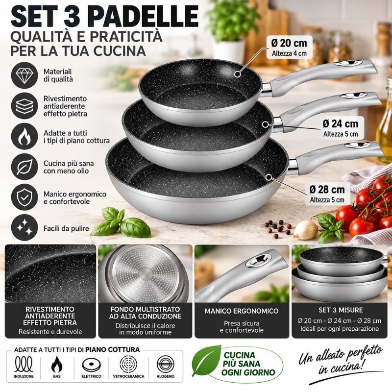 Set 3 Padelle Royalty Line Argento Antiaderenti...