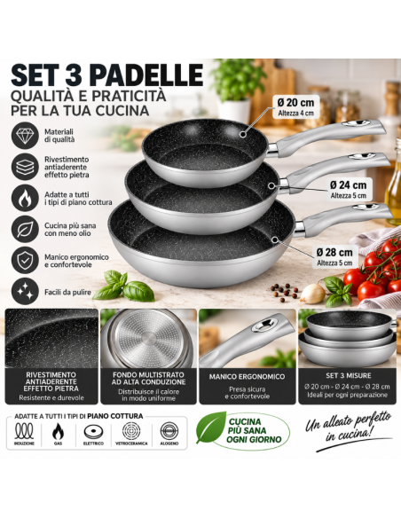 Set 3 Padelle Royalty Line Argento Antiaderenti – Ø20, 24 e 28 cm con Rivestimento Effetto Pietra