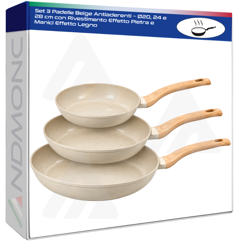 Set 3 Padelle Beige Antiaderenti – Ø20, 24 e 28...