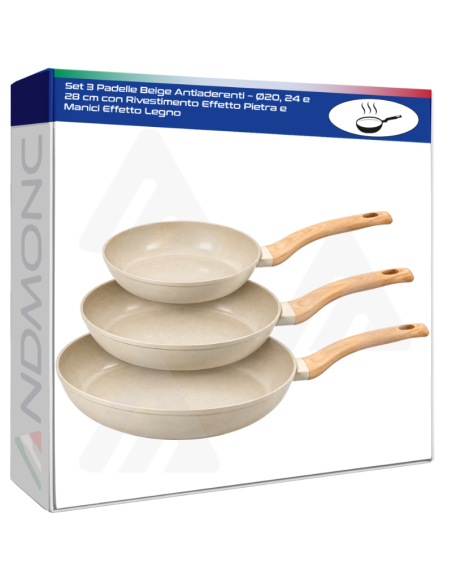 Set 3 Padelle Beige Antiaderenti – Ø20, 24 e 28 cm con Rivestimento Effetto Pietra e Manici Effetto Legno
