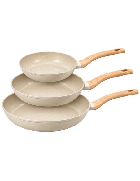 Set 3 Padelle Beige Antiaderenti – Ø20, 24 e 28 cm con Rivestimento Effetto Pietra e Manici Effetto Legno