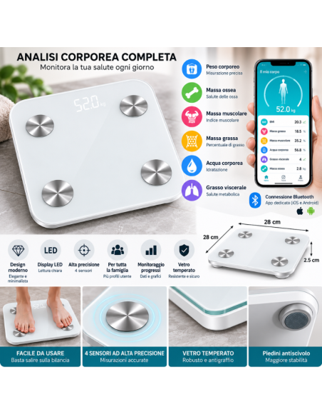 Bilancia Pesapersone Smart Bluetooth Digitale con Analisi Corporea e 4 Sensori – Bianca